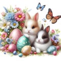 Brightly colored Easter eggs laid out among flowers, butterflies flying around, cute and funny bunnies sitting nearby Royalty Free Stock Photo