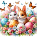 Brightly colored Easter eggs laid out among flowers, butterflies flying around, cute and funny bunnies sitting nearby Royalty Free Stock Photo