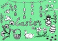 Easter holiday panno. Colored eggs, rabbit, birds, flowers, bows, garland,