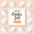 Easter holiday sale square banner. Vector Easter eggs with 3d geometric texture and hand drawn calligraphy lettering