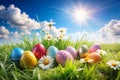 Easter Holiday Scene with Painted Colorful Eggs in Spring Grass Royalty Free Stock Photo
