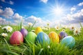Easter Holiday Scene with Painted Colorful Eggs in Spring Grass Royalty Free Stock Photo