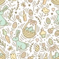 Easter holiday seamless pattern with eggs, rabbits and other elements Royalty Free Stock Photo