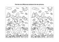 Easter find the differences visual puzzle and coloring page with bunny and painted egg