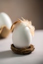 Easter holiday. White egg in a nest with a feather, bright minimalistic background Royalty Free Stock Photo