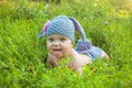 Easter holidays! Cute baby in a Easter bunny of lamb costume Royalty Free Stock Photo