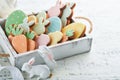 Easter homemade gingerbread rabbits, carrots, chickens and eggs icing cookies. Festive holiday sweet food concept. Easter baking Royalty Free Stock Photo