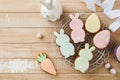 Easter homemade gingerbread rabbits, carrots, chickens and eggs icing cookies. Festive holiday sweet food concept. Easter baking Royalty Free Stock Photo