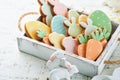 Easter homemade gingerbread rabbits, carrots, chickens and eggs icing cookies. Festive holiday sweet food concept. Easter baking