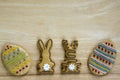 Easter homemade hand painted gingerbread cookies on grey wooden table