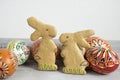 Easter homemade hand painted gingerbread cookies on grey wooden tray