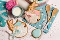 Easter honey-cake rabbits, blue stylish kitchen, celebration food cooking
