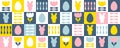 Easter horizontal banner with rabbits, eggs and tulip flowers in geometric style. Perfect print for card, cup, mug. Great spring Royalty Free Stock Photo