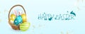 Easter horizontal poster and banner template with Easter eggs in a basket, rabbit ears on a blue background.Easter greetings in a Royalty Free Stock Photo