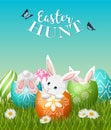 Easter hunt poster with three adorable bunnies and eggs Royalty Free Stock Photo
