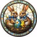 easter illustration background with stained glass texture of rabbits, painted and decorated egg Royalty Free Stock Photo