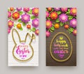 Easter illustration. Easter calligraphic greeting in glitter gold frame and flowers on a wooden background. Greeting ba