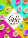 Easter illustration with calligraphic greeting and multicolored painted Easter eggs.