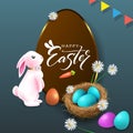 Easter illustration with a cute bunny and a basket of eggs on a dark blue background