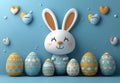 Easter illustration egg and Bunny pastel blue background, spring concept, copy space greeting, 3d Royalty Free Stock Photo