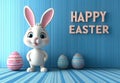 Easter illustration egg and Bunny pastel blue background, spring concept, copy space greeting, 3d Royalty Free Stock Photo