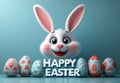 Easter illustration egg and Bunny pastel blue background, spring concept, copy space greeting, 3d Royalty Free Stock Photo