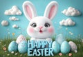 Easter illustration egg and Bunny pastel blue background, spring concept, copy space greeting, 3d Royalty Free Stock Photo