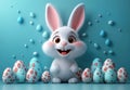 Easter illustration eggs and bunny on pastel blue background, Holidays, spring, copy space, 3d rendering art Royalty Free Stock Photo