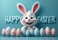 Easter illustration egg and Bunny pastel blue background, spring concept, copy space greeting, 3d Royalty Free Stock Photo
