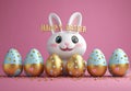 Easter illustration eggs and bunny on pastel pink background, text Holidays, spring, copy space, 3d rendering art Royalty Free Stock Photo