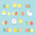 Easter illustration with eggs, rabbits and chickens. Religious holiday vector illustration for poster, flyer. Happy Easter