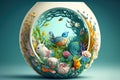 Easter illustration with flowers, rabbit and bird, fantastic concept. AI generated