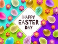 Easter illustration with greeting and multicolored painted Easter eggs and flowers.