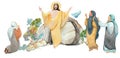 Easter illustration Jesus Christ is risen, isolated on white background watercolor hand drawn praying women and cave of resurrecti Royalty Free Stock Photo