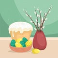 Easter illustration with a kulich, willow twigs and Easter eggs