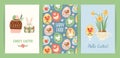 Easter illustrations with funny sweets. Cupcake, cake, dessert with easter symbols. Vector templates.