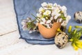 Easter interior decoration, bouquet of white flowers in eggshell, quail eggs, blue linen napkin