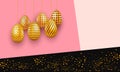 Easter invitation card on abstract design with decorated hanging golden eggs and confetti. Greeting card for holiday banner promo