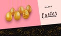 Easter invitation card on abstract design with decorated hanging golden eggs and confetti.