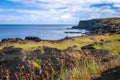 Easter island cliffs and pacific ocean landscape Royalty Free Stock Photo