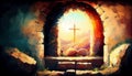 Easter Jesus Christ rose from the dead. Sunday morning. Dawn. The empty tomb in the background of the crucifixion. Happy Royalty Free Stock Photo