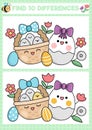 Easter kawaii find differences game for children. Attention skills activity with cute basket, eggs, flowers. Spring holiday puzzle