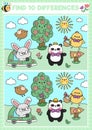 Easter kawaii find differences game for children. Attention skills activity with cute bunny and chick going on egg hunt. Spring Royalty Free Stock Photo