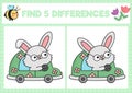 Easter kawaii find differences game for children. Attention skills activity with cute bunny driving green car. Spring holiday