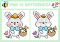 Easter kawaii find differences game for children. Attention skills activity with cute bunny going on egg hunt with basket. Spring