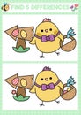 Easter kawaii find differences game for children. Attention skills activity with cute chicken going on egg hunt with basket.