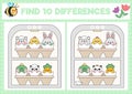 Easter kawaii find differences game for children. Attention skills activity with cute hatching animals. Spring holiday puzzle for