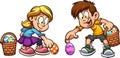 Cartoon boy and girl picking Easter eggs