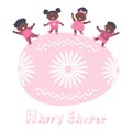 Easter kids party. Cute black children dance on Easter egg. Group of little kids have fun