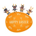 Easter kids party. Cute black children dance on Yellow Easter egg. Group of little kids have fun. Happy baby girls and baby boys